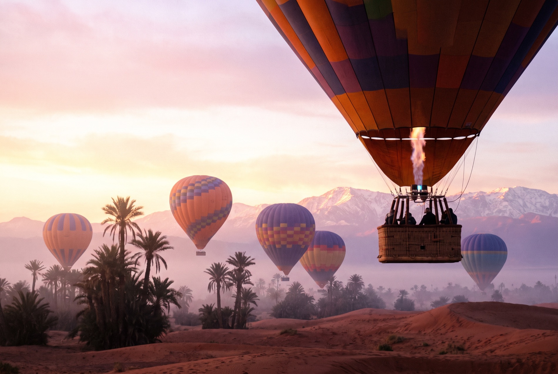 Hot-air balloons at dawn over the palm groves